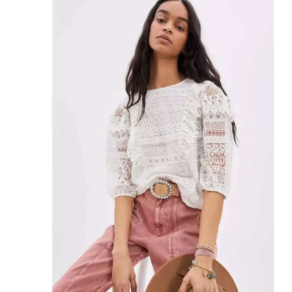 New Anthropologie SEEN WORN KEPT Serena Lace Blouse $148 SMALL Ivory